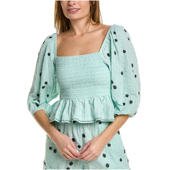 Tanya Taylor Emma Top Aqua and Navy Smocked Top with Balloon Sleeves Ruffles Med - Picture 1 of 11